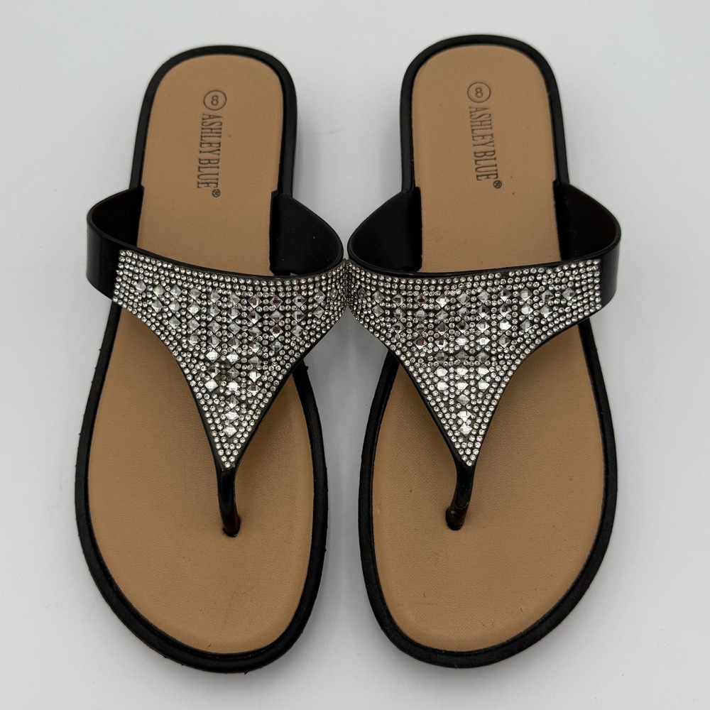 Ashley‎ Blue Black Rhinestone Embellished Thong Sandals Flip Flops Size 8